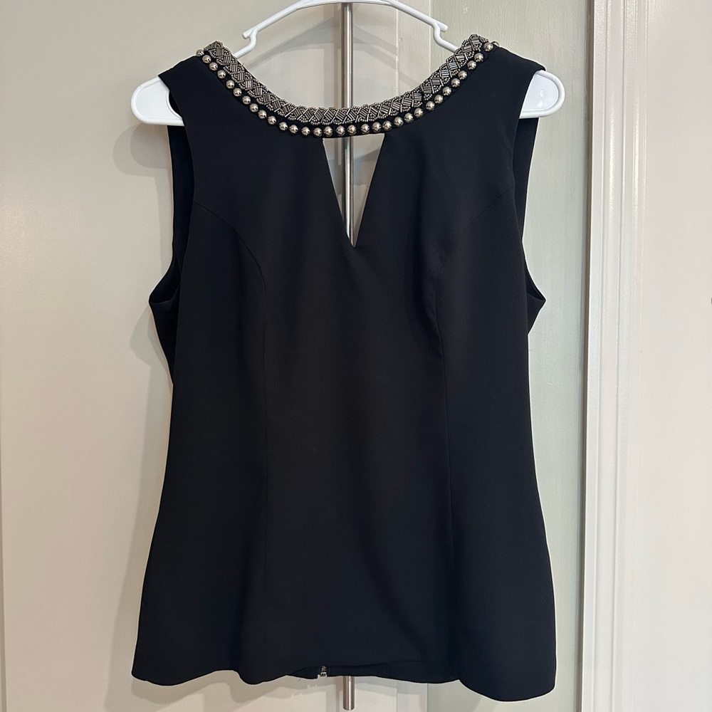 Elegant Black Sleeveless Top with Embellished Neckline & Back
